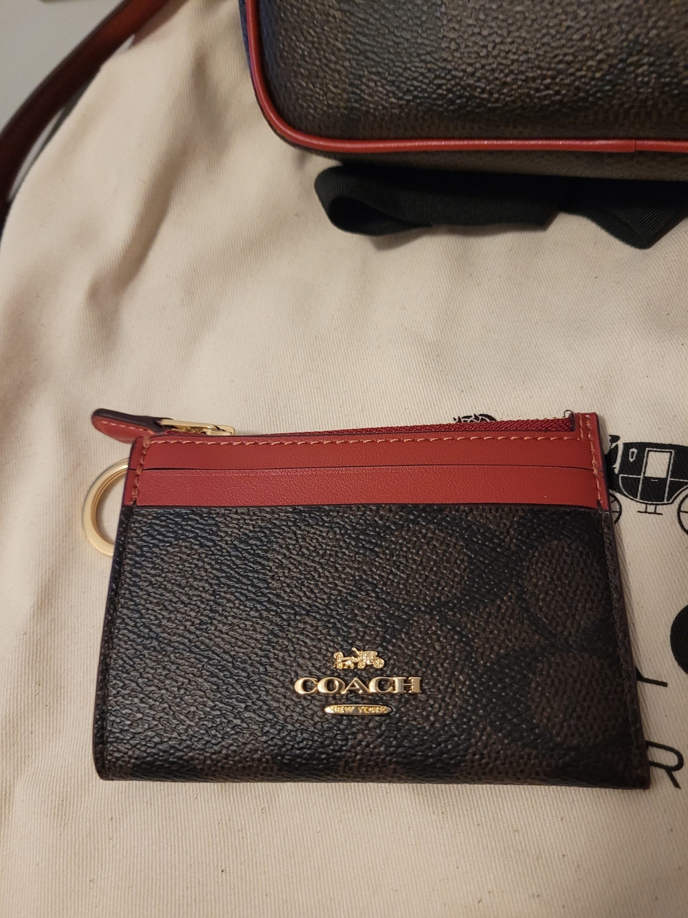 Coach Brown Signature Crossbody with Red Trim and Card Case - Picture 2 of 5
